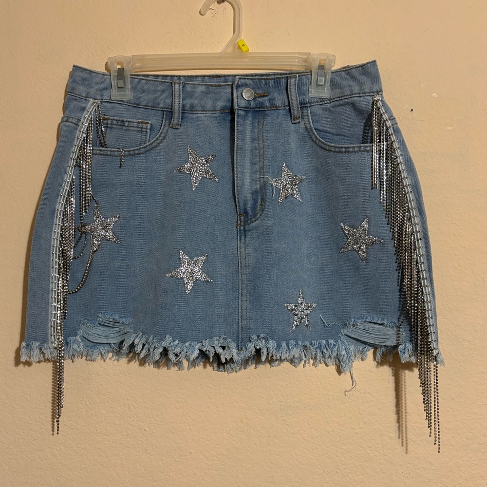 SHEIN Blue Denim Mini Skirt with Silver Star Accents